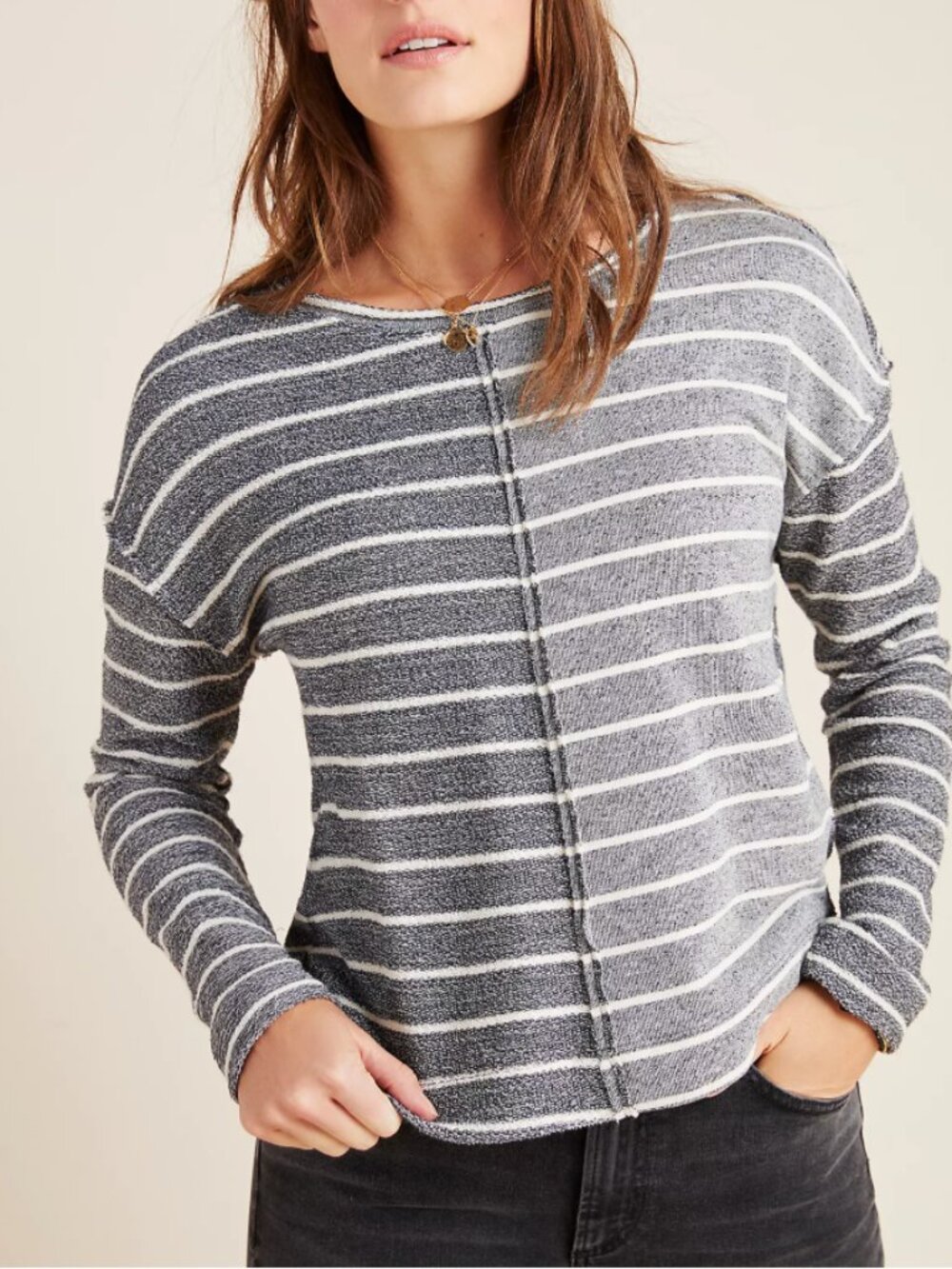NWT Anthropologie | Devin Textured Sweatshirt Navy Blue & Cream | Size Small